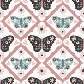 Medium Scale // Carnation Pink and Blue Vintage Check Butterflies on White (Vintage Palette) 