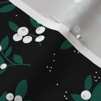 Messy berries and branches romantic christmas design teal green white on black night
