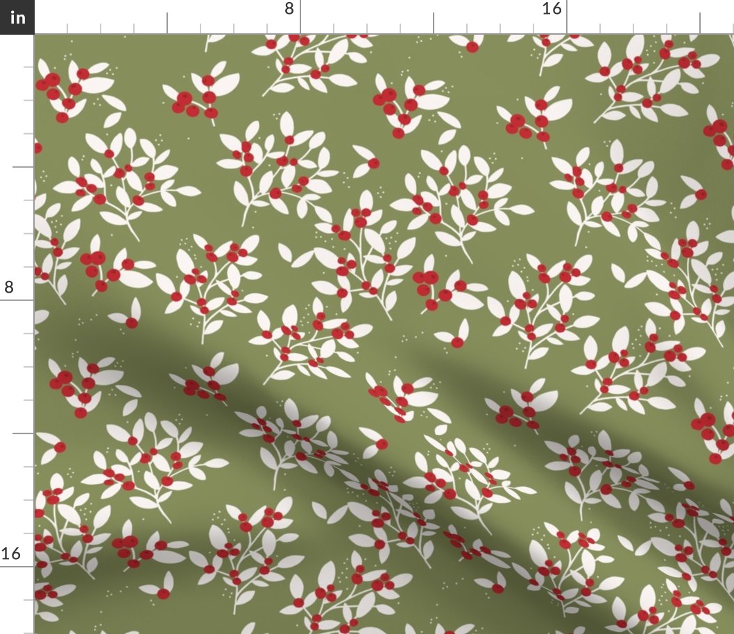 Messy berries and branches romantic christmas design ruby red ivory white on olive green holiday seasonal palette