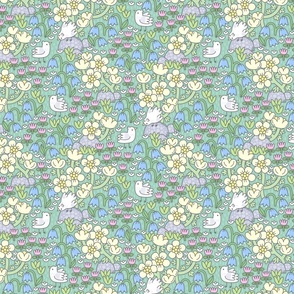 Flower meadow with little birds in a primitive style. Cool colors. Small