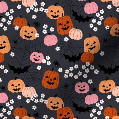 Pumpkins flowers bats and spiders - colorful spooky halloween fright night adorable kawaii kids design burnt orange pink on night blue