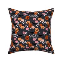 Pumpkins flowers bats and spiders - colorful spooky halloween fright night adorable kawaii kids design burnt orange pink on night blue