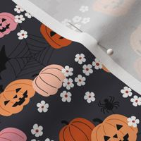 Pumpkins flowers bats and spiders - colorful spooky halloween fright night adorable kawaii kids design burnt orange pink on night blue