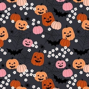 Pumpkins flowers bats and spiders - colorful spooky halloween fright night adorable kawaii kids design burnt orange pink on night blue