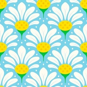 Pretty Flowers - White Yellow Aqua Blue - 4” repeat