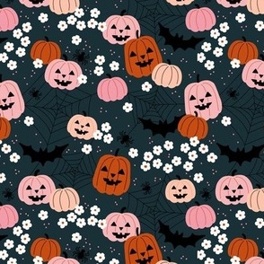 Pumpkins flowers bats and spiders - colorful spooky halloween fright night sparkle adorable kawaii kids design burnt orange pink blush on marine blue