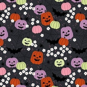 Pumpkins flowers bats and spiders - colorful spooky halloween fright night sparkle adorable kawaii kids design burnt orange pink lilac lime nineties palette on charcoal