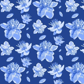 French Blue Buttercups Wind Gusted on Dark Blue Floral Pattern