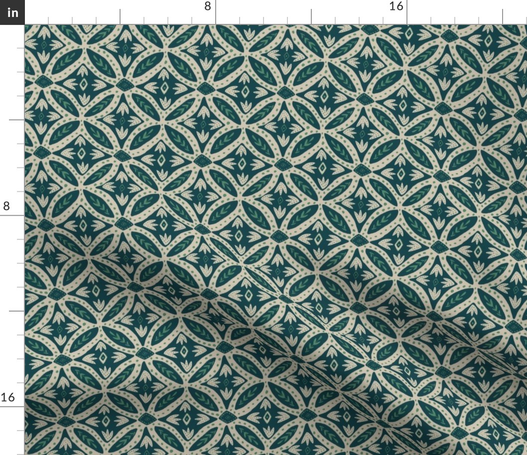 Moroccan tiles in dark teal, sea green and pale beige, small scale 