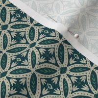 Moroccan tiles in dark teal, sea green and pale beige, small scale 