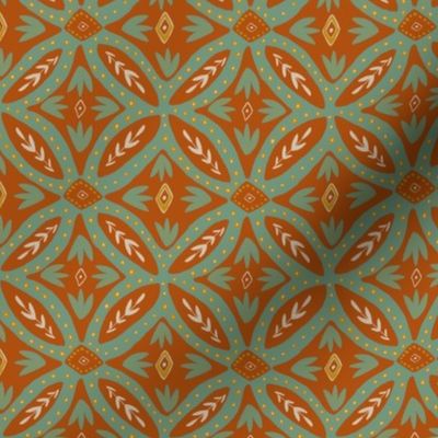 Moroccan tiles in burnt orange and sea green, large scale 