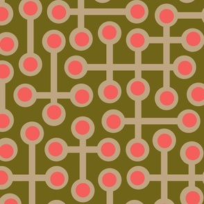 CIRCUITS Retro 1970s Mid Century Abstract Geometric Groovy Polka Dot in Vintage Pink and Beige on Olive Green - LARGE Scale - UnBlink Studio by Jackie Tahara