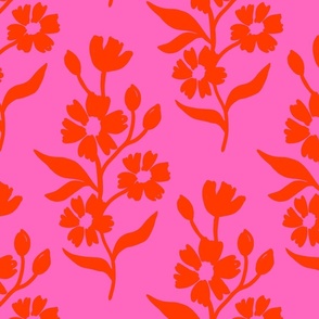 Simple block print style floral with flowers buds and leaves - large - Orioles orange red on pink - damask home decor kopi