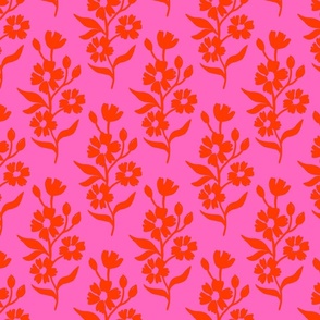 Simple block print style floral with flowers buds and leaves - medium - Orioles orange red on pink - damask home decor