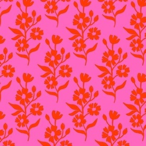 Simple block print style floral with flowers buds and leaves - small - Orioles orange red on pink - damask home decor