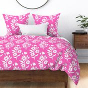 Simple block print style floral with flowers buds and leaves - large - white on pink - damask home decor kopi