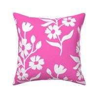 Simple block print style floral with flowers buds and leaves - large - white on pink - damask home decor kopi