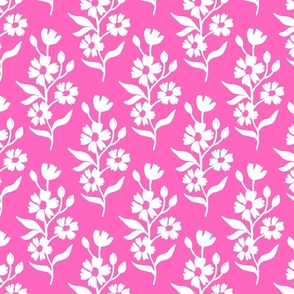 Simple block print style floral with flowers buds and leaves - medium - white on pink - damask home decor