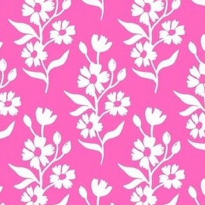 Simple block print style floral with flowers buds and leaves - small - white on pink - damask home decor