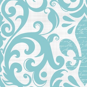 Pastel Fleur de Lis Damask Pattern French Linen Style  With Script Turquoise White Large Scale