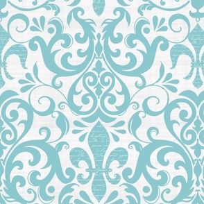 Pastel Fleur de Lis Damask Pattern French Linen Style  With Script Turquoise White Medium Scale