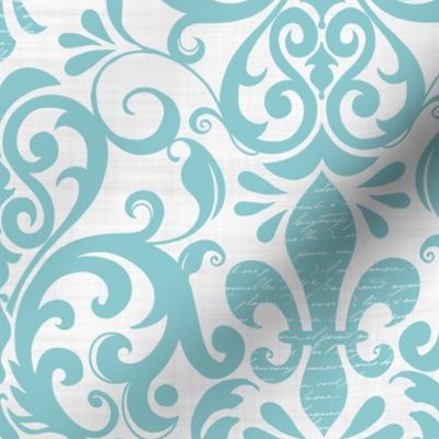 Pastel Fleur de Lis Damask Pattern French Linen Style  With Script Turquoise White Smaller Scale