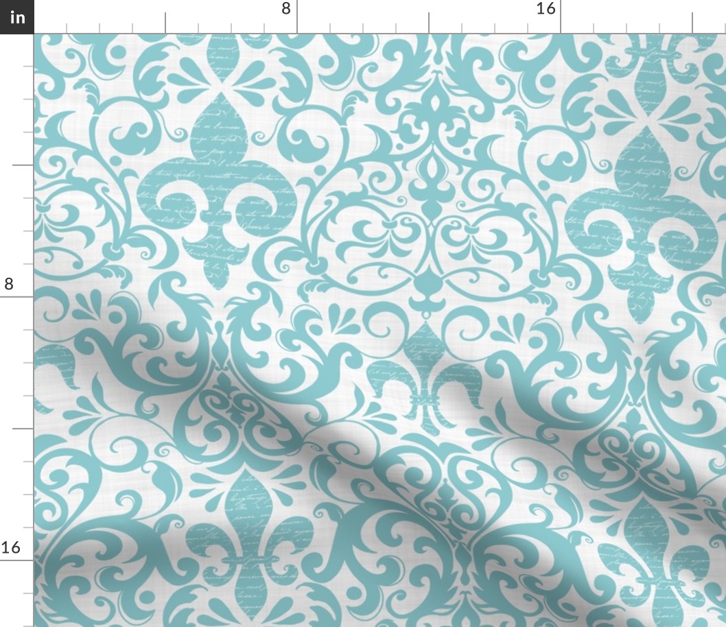 Pastel Fleur de Lis Damask Pattern French Linen Style  With Script Turquoise White Smaller Scale