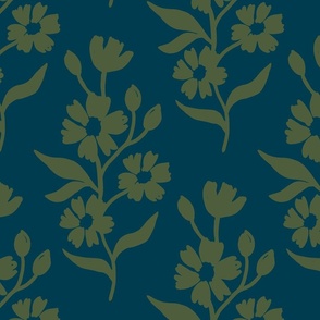 Simple block print style floral with flowers buds and leaves - large - Cactus Green 515f41 on Prussian Blue 063b4d - damask home decor