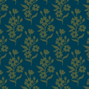 Simple block print style floral with flowers buds and leaves - medium - Cactus Green 515f41 on Prussian Blue 063b4d - damask home decor
