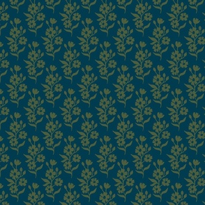 Simple block print style floral with flowers buds and leaves - small - Cactus Green 515f41 on Prussian Blue 063b4d - damask home decor