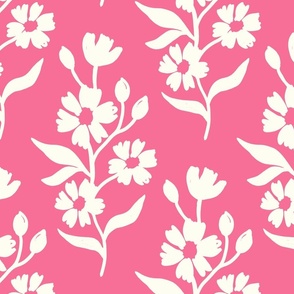 Simple block print style floral with flowers buds and leaves - large - Natural white fefdf4 on Bubblegum pink e67896 - damask home decor