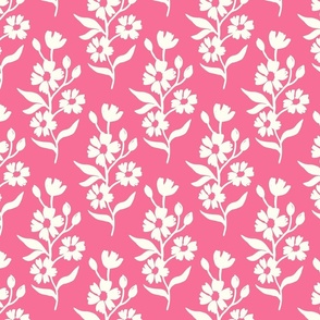 Simple block print style floral with flowers buds and leaves - medium - Natural white fefdf4 on Bubblegum pink e67896 - damask home decor