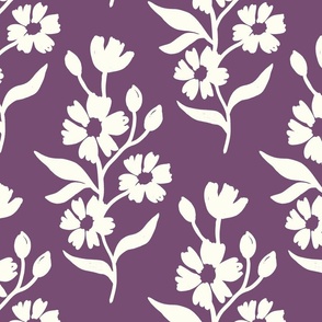 Simple block print style floral with flowers buds and leaves - large - Natural white fefdf4 on Dusty Purple 704f73 - damask home decor