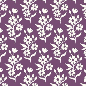 Simple block print style floral with flowers buds and leaves - medium - Natural white fefdf4 on Dusty Purple 704f73 - damask home decor