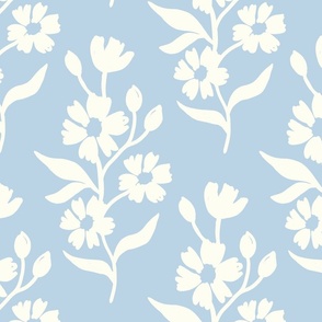 Simple block print style floral with flowers buds and leaves - large - Natural white fefdf4 on Fog light blue bed2e3 - damask home decor