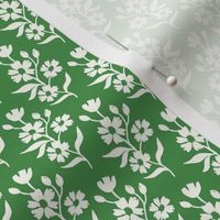 Simple block print style floral with flowers buds and leaves - extra small - Natural white fefdf4 on Kelly Green 5c8d53 - damask home decor