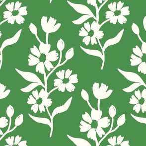 Simple block print style floral with flowers buds and leaves - large - Natural white fefdf4 on Kelly Green 5c8d53 - damask home decor