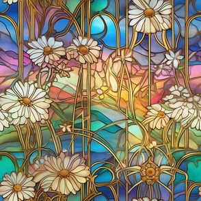 Stained Glass Florals - Watercolor Daisy Daisies in White and Yellow