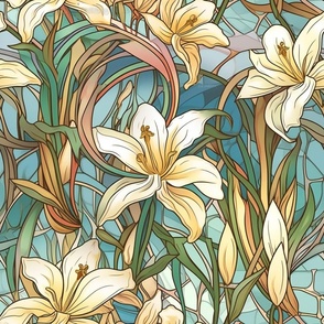 Stained Glass Florals - Watercolor Lily Lilies in White and Yellow
