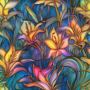 Stained Glass Florals - Watercolor Lily Lilies in Pink, Purple, and Yellow