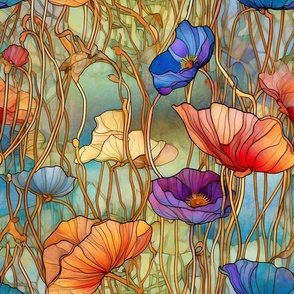 Stained Glass Poppies Watercolor Florals