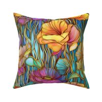 Stained Glass Florals - Watercolor Poppy Poppies in Pink, Purple, and Yellow