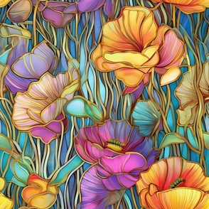 Stained Glass Florals - Watercolor Poppy Poppies in Pink, Purple, and Yellow