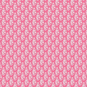 Simple block print style floral with flowers buds and leaves - extra small - Natural white fefdf4 on Bubblegum pink e67896 - damask home decor