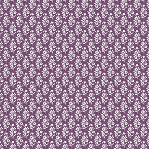 Simple block print style floral with flowers buds and leaves - extra small - Natural white fefdf4 on Dusty Purple 704f73 - damask home decor
