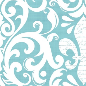 Pastel Fleur de Lis Damask Pattern French Linen Style With  Script White Turquoise  Large Scale