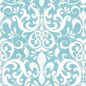 Pastel Fleur de Lis Damask Pattern French Linen Style With  Script White Turquoise  Medium Scale
