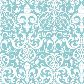 Pastel Fleur de Lis Damask Pattern French Linen Style With  Script White Turquoise  Smaller Scale
