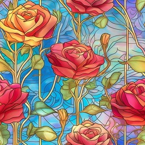 Stained Glass Florals - Watercolor Rose Roses in Red, Yellow, and Pink