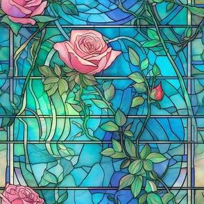 Stained Glass Florals - Watercolor Rose Roses in Pink